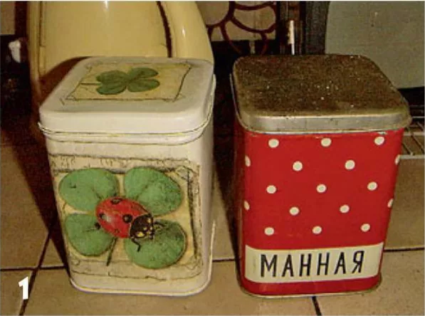 Жестяная банка с божьей коровкой и красная банка в белый горошек «Манная»